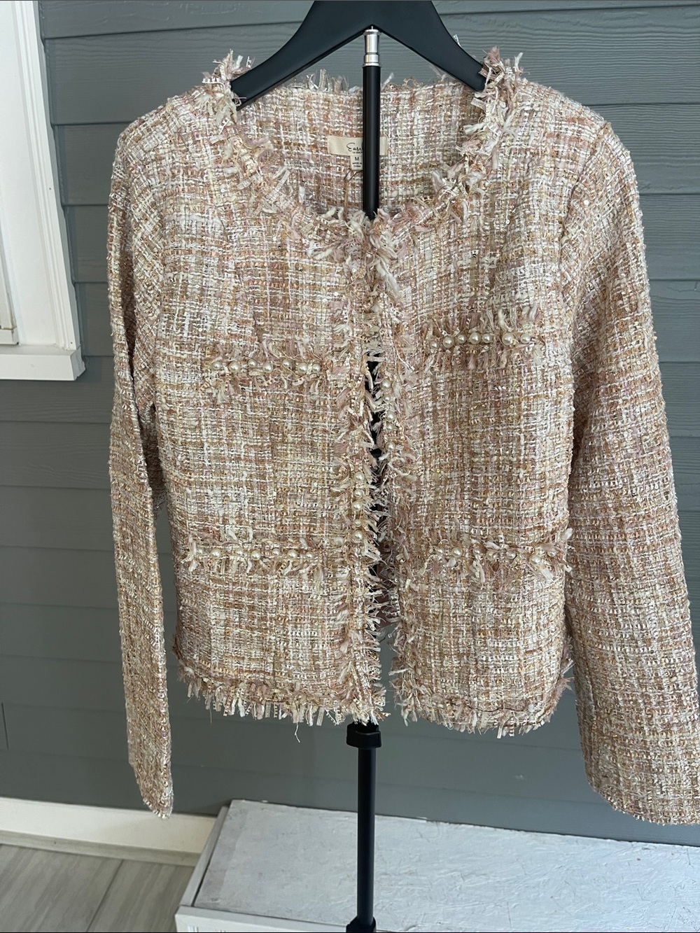 easel Blush Tweed Fringe Pearl-Trim Jacket Size Medium